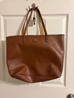 Coach Brown Leather Tote with Yellow Handle Accents